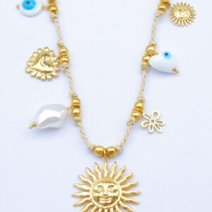 Collier doré multi-pendentifs soleil, cœur, perle et œil protecteur