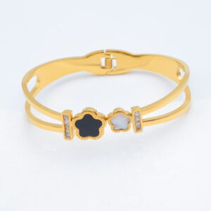 Bracelet jonc doré fleurs noire et nacre avec strass