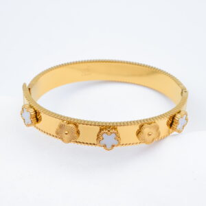 Bracelet jonc doré à motifs trèfle et fleurs en nacre blanche