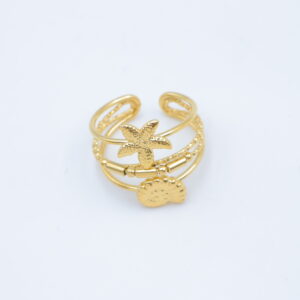 Bague ajustable dorée avec étoile de mer et coquillage