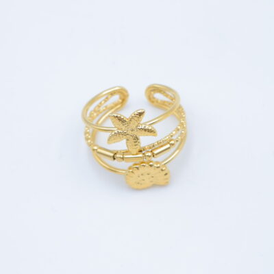 Bague ajustable dorée avec étoile de mer et coquillage