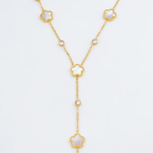 Collier doré pendentif long avec fleurs en nacre et cristaux
