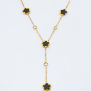 Collier doré pendentif long avec fleurs noires et cristaux