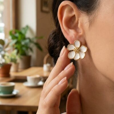Boucles d'Oreilles Éloïse – Fleur émaillée blanche