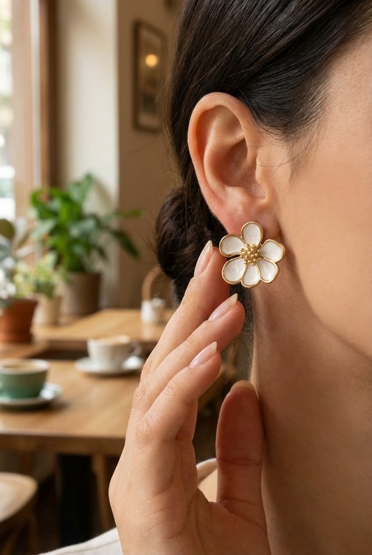 Boucles d'Oreilles Éloïse – Fleur émaillée blanche