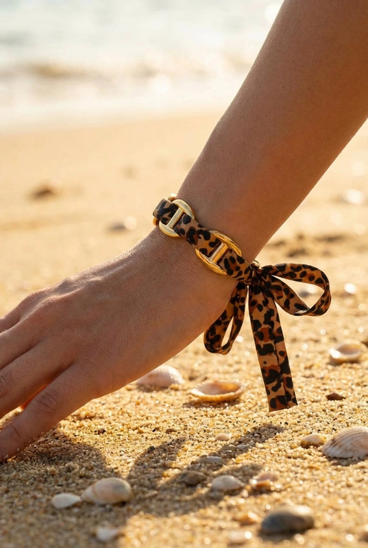 Bracelet Capucine – Chaîne dorée et ruban léopard