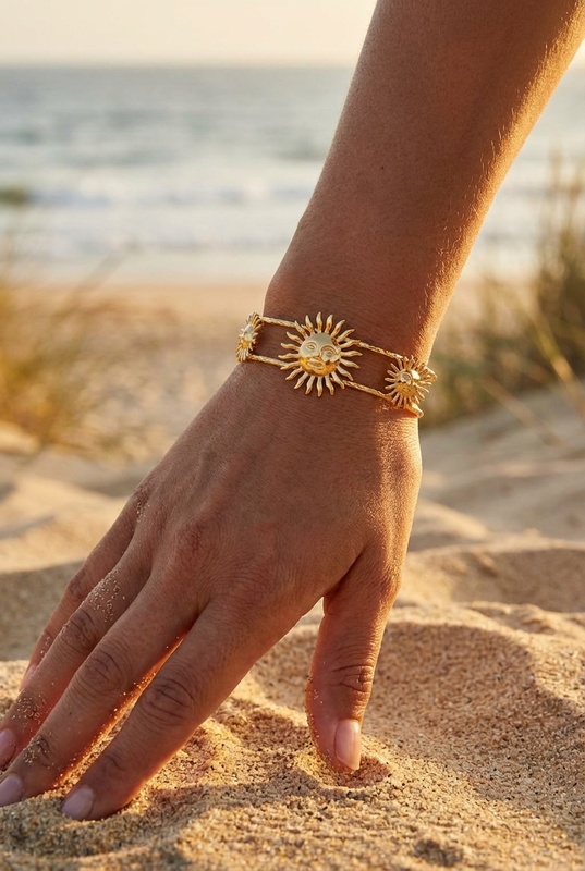 Bracelet Garance – Double chaîne dorée soleils