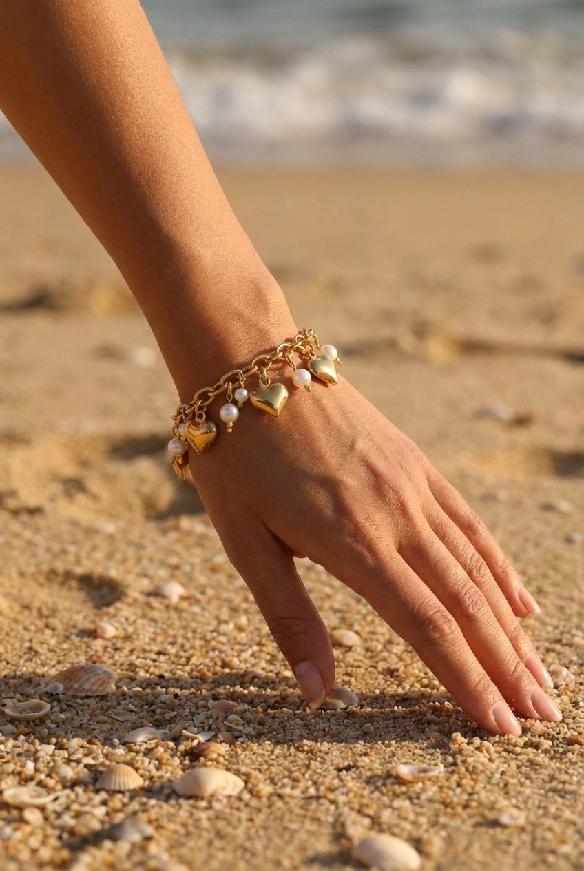 Bracelet Nina – Chaîne dorée cœurs et perles