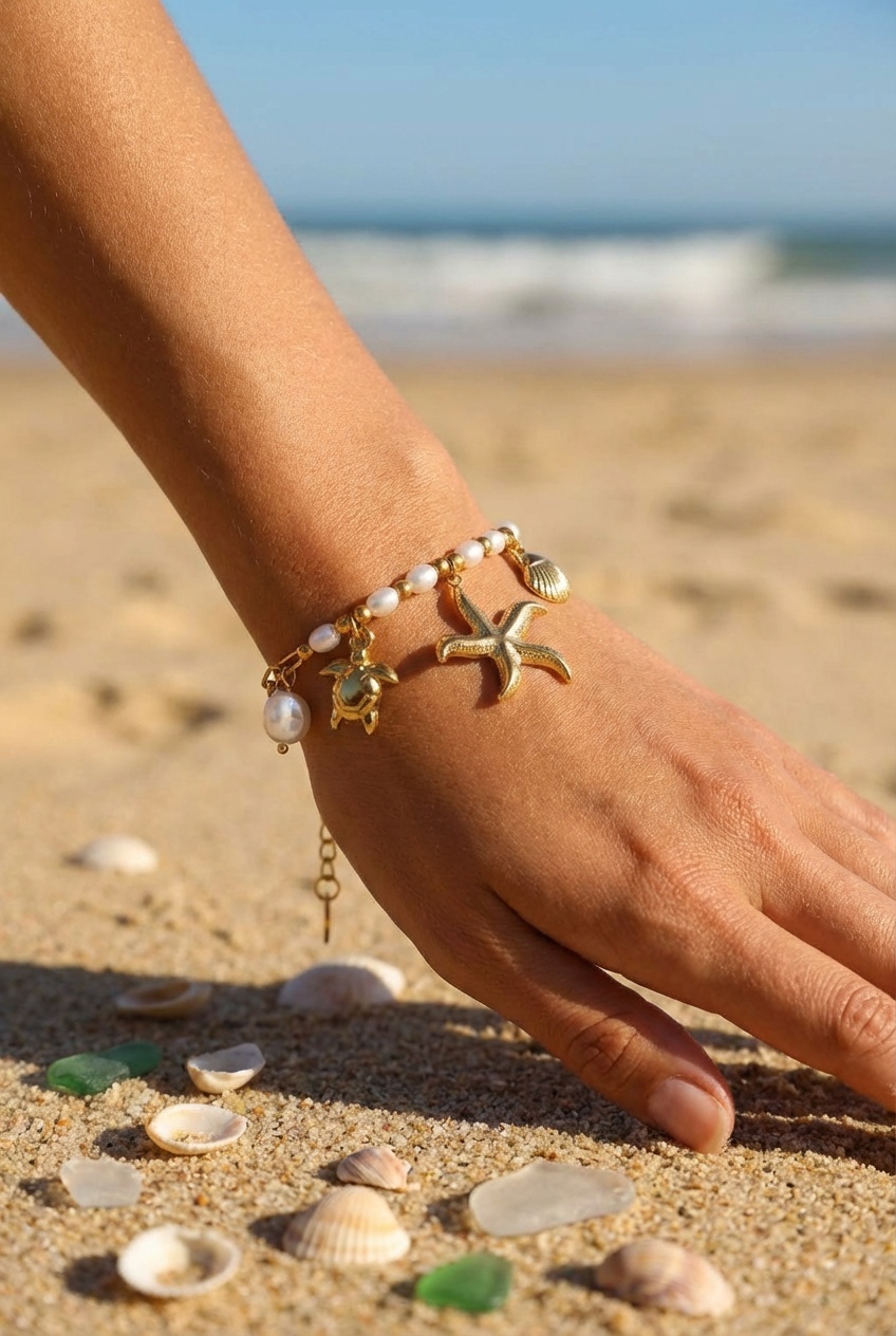 Bracelet Océane – Perles et charms tortue mer