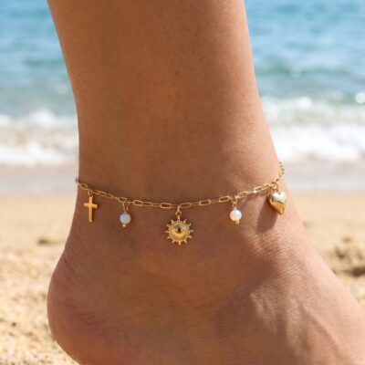 Chaîne de Cheville Zoé – Croix, Soleil & Cœur