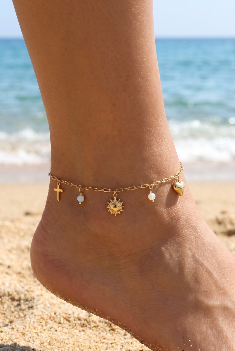 Chaîne de Cheville Zoé – Croix, Soleil & Cœur