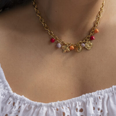 Collier Garance – Chaîne Dorée Fleurs Multicolores