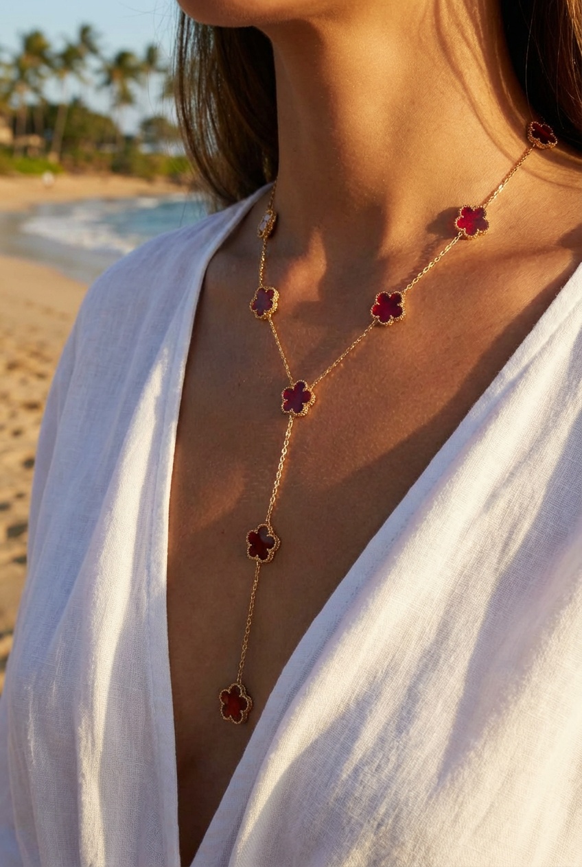 Collier Garance – Trèfles émaillés rouge grenat