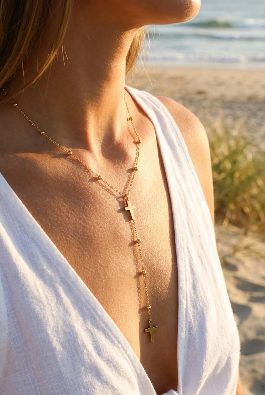 Collier Louise – Double croix pendantes dorées