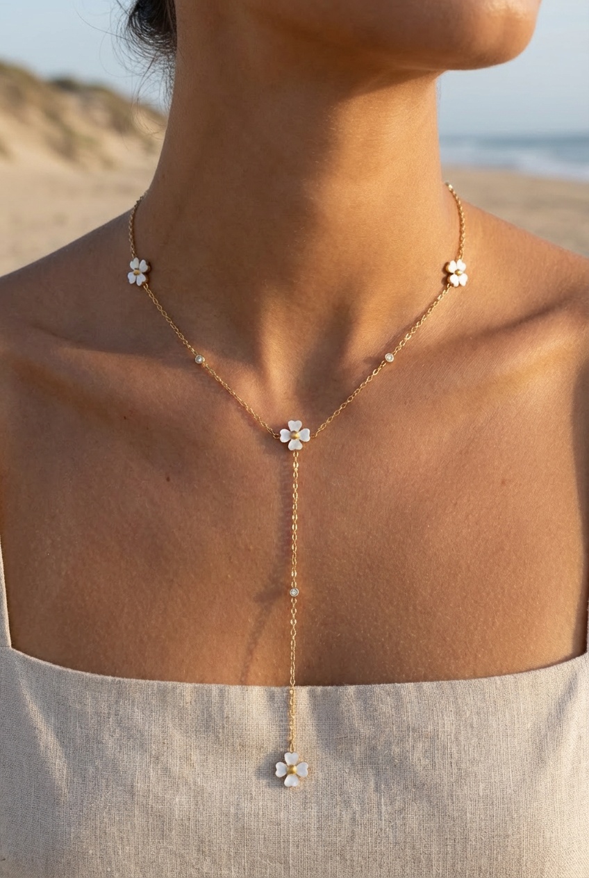 Collier Margaux – Fleurs nacrées et strass dorés