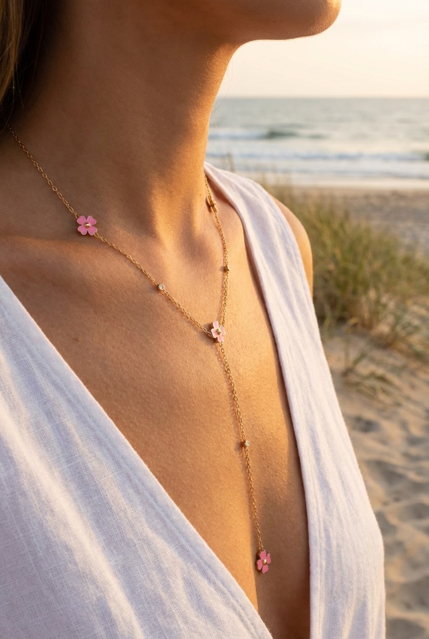 Collier Rose – Fleurs roses en cascade lariat