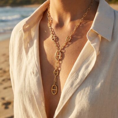 Sautoir Jade – Chaîne Maillons Dorés XL